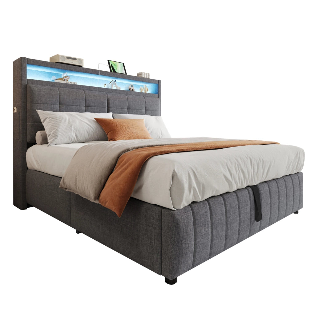 Letto imbottito 160x200 cm con LED, USB e contenitore idraulico