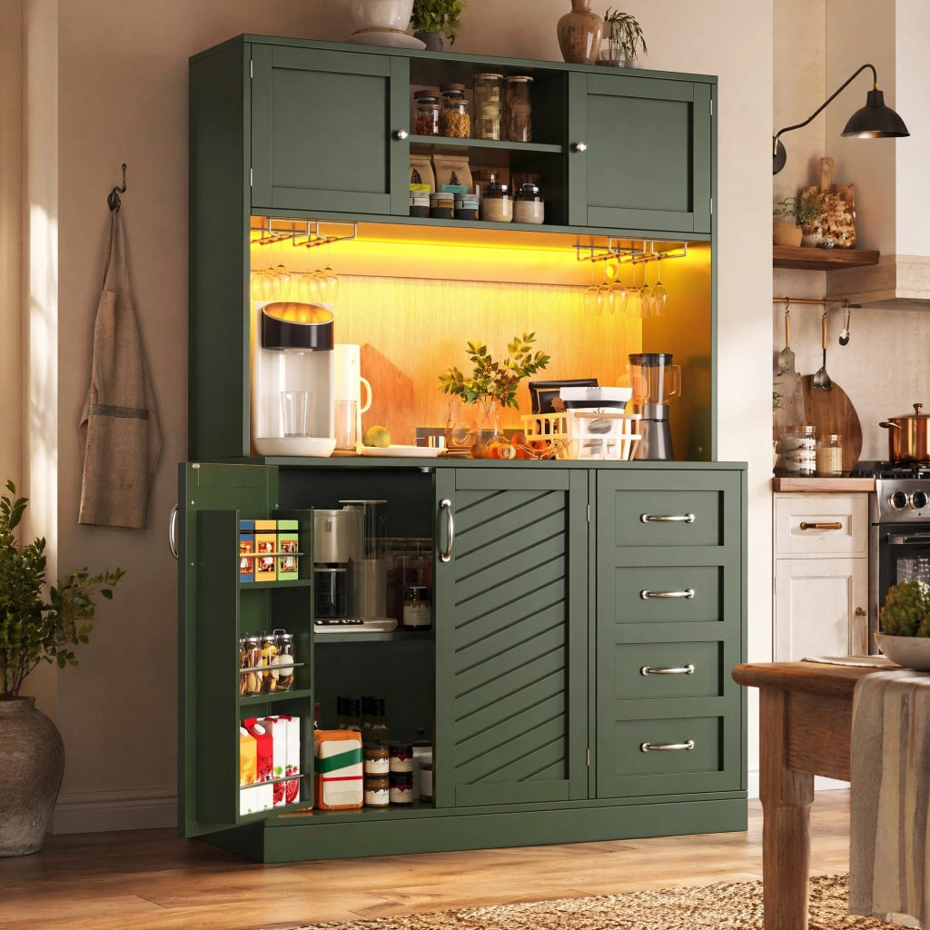 Credenza verde con LED, portabottiglie e 4 ante, 120x40x188 cm