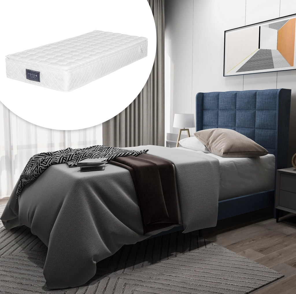 Letto imbottito 90x200 cm con materasso a molle insacchettate e rete in lino blu