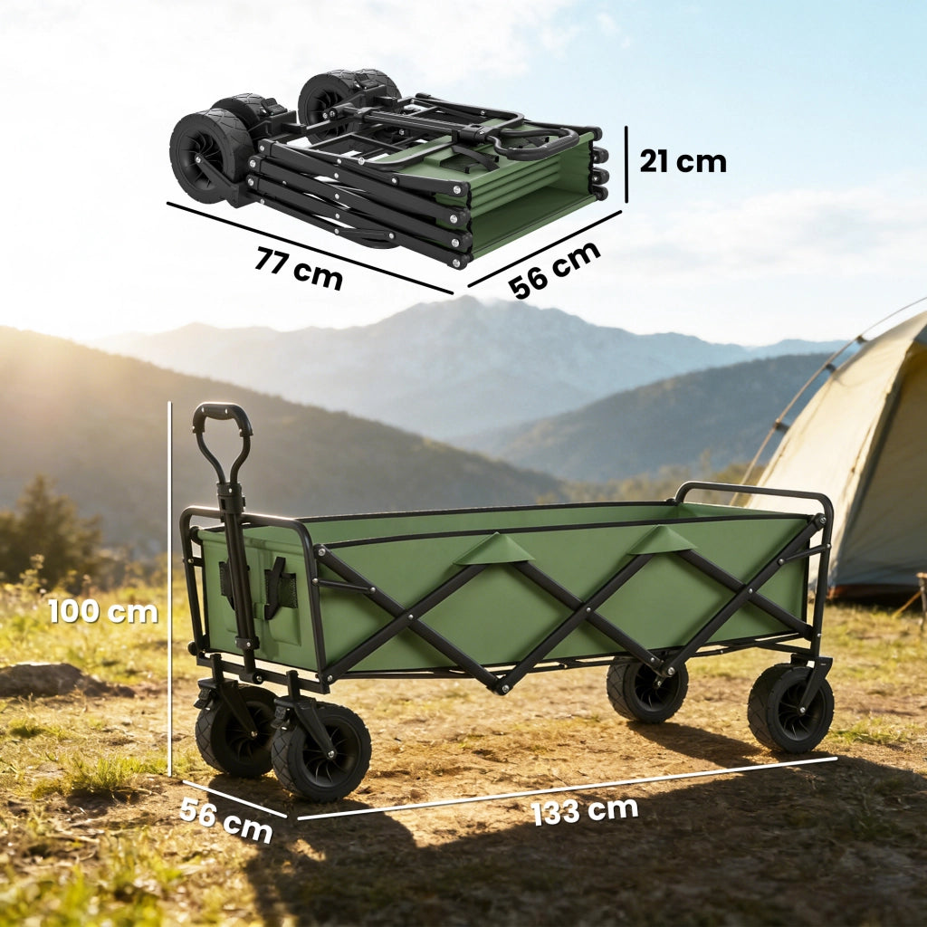 Carrello Giardino Pieghevole 130L ¨C Minimal ¨C Verde con Ruote e Freni