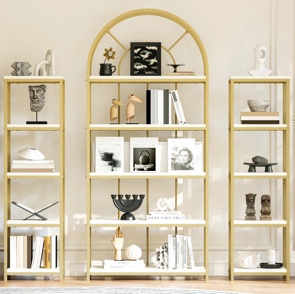 Scaffale modulare a 3 elementi con arco; MDF e acciaio; 163 × 30 × 184 cm; oro e bianco