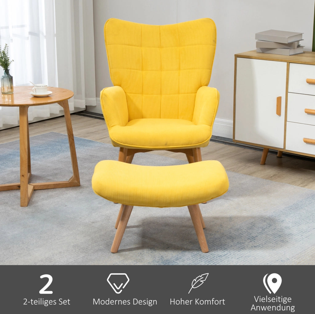 Poltrona relax gialla con ottomana e gambe in legno