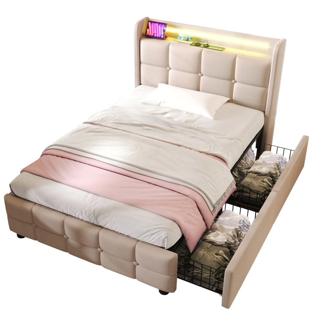 Letto singolo 90x200 cm con USB; LED e 2 cassetti; beige