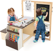 Set 3 in 1 Tavolo e Sedie per Bambini 3+ Anni, Tavolo in Legno Sicuro con Lavagna Cancellabile, Magnetica, Cavalletto Regolabile, Libreria e Accessori Artistici, per Disegno (Caffè)