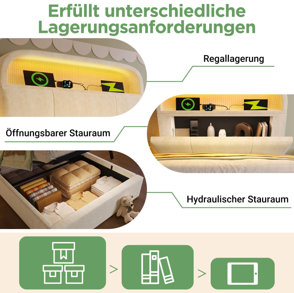 Letto singolo contenitore 90x200 cm beige con LED, USB e materasso