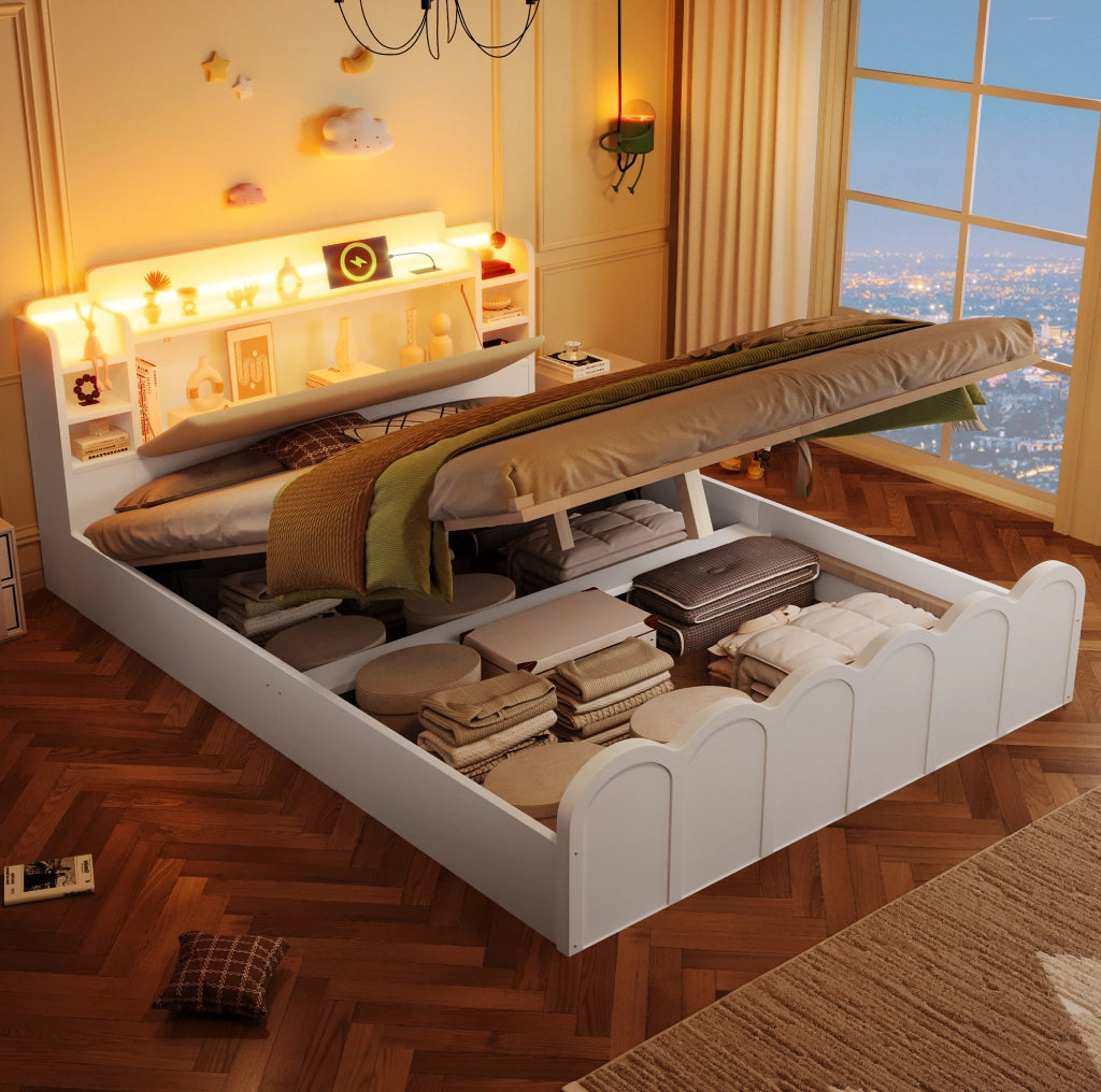 Letto contenitore 140x200 cm bianco con LED, USB e USB-C