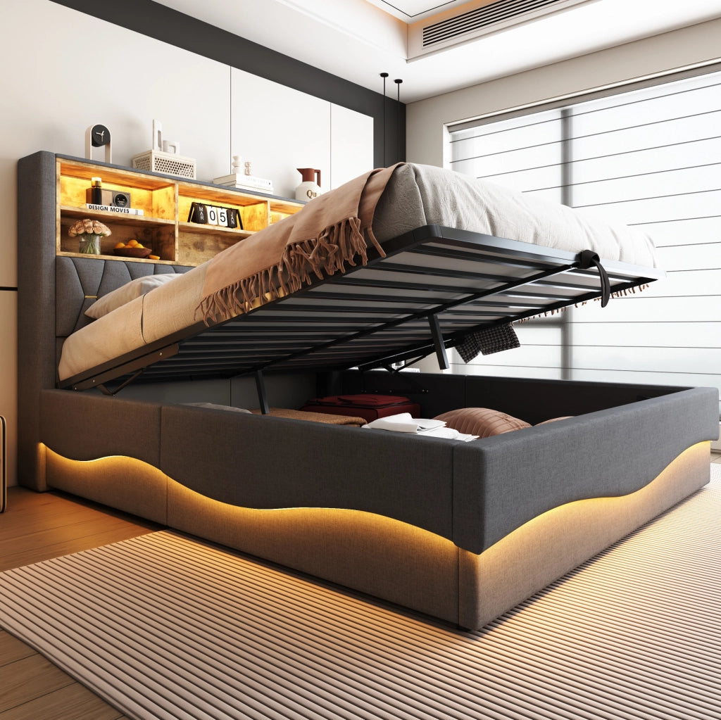 Letto matrimoniale 180x200 cm con contenitore idraulico; LED e porta USB; grigio