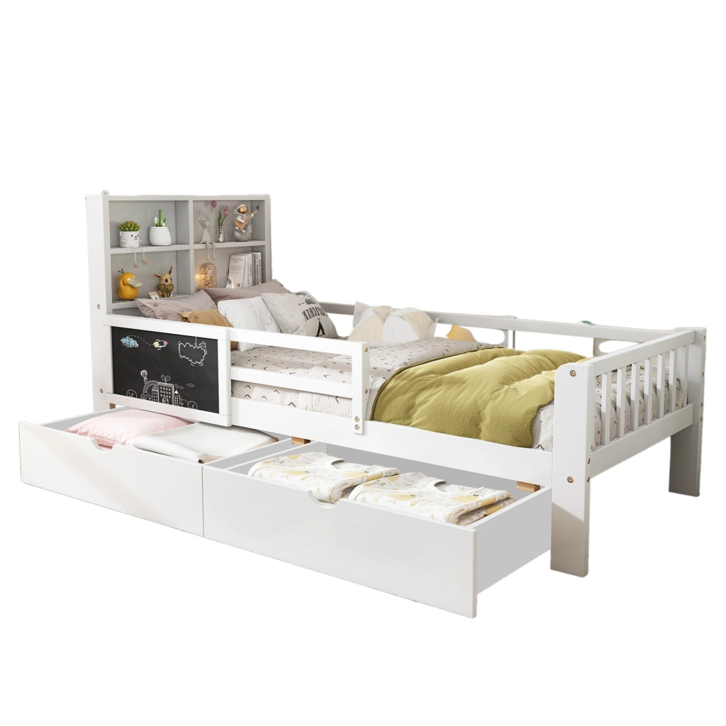 Letto per Bambini 90x200 cm con Lavagna; 2 Cassetti; Mensola e Sponda - Bianco