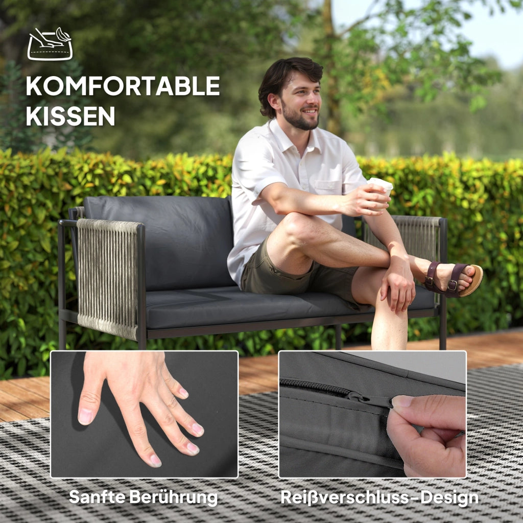 Set 4 pezzi giardino, divano 2 posti, 2 poltrone, tavolino con piano in vetro, cuscini, telaio in acciaio, rattan sintetico grigio, per esterno