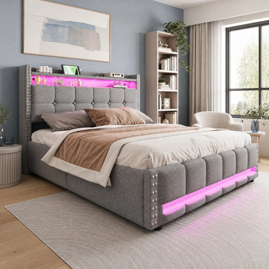 LETTO Imbottito 160x200 cm Grigio Chiaro con LED, USB e contenitore