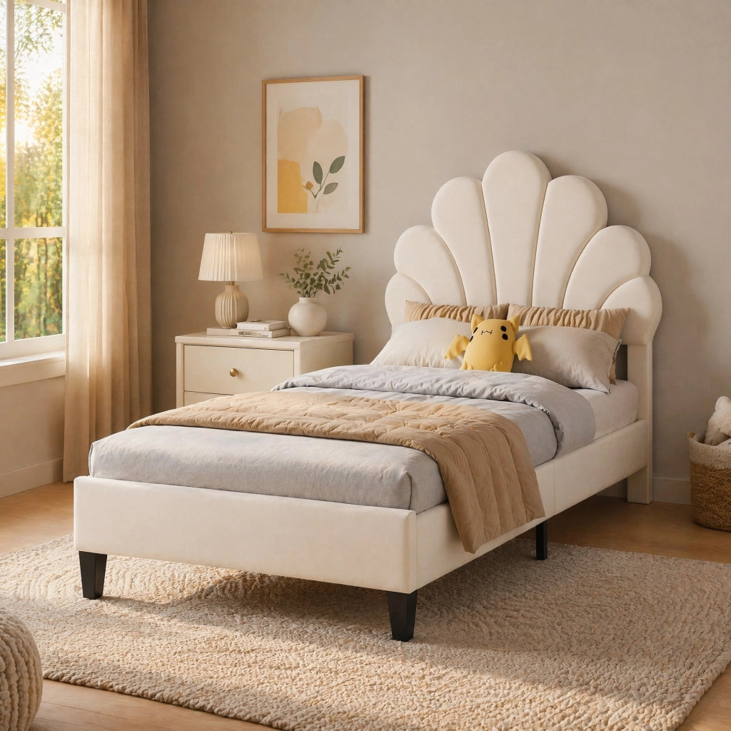Letto imbottito 90x200 cm con testiera floreale beige