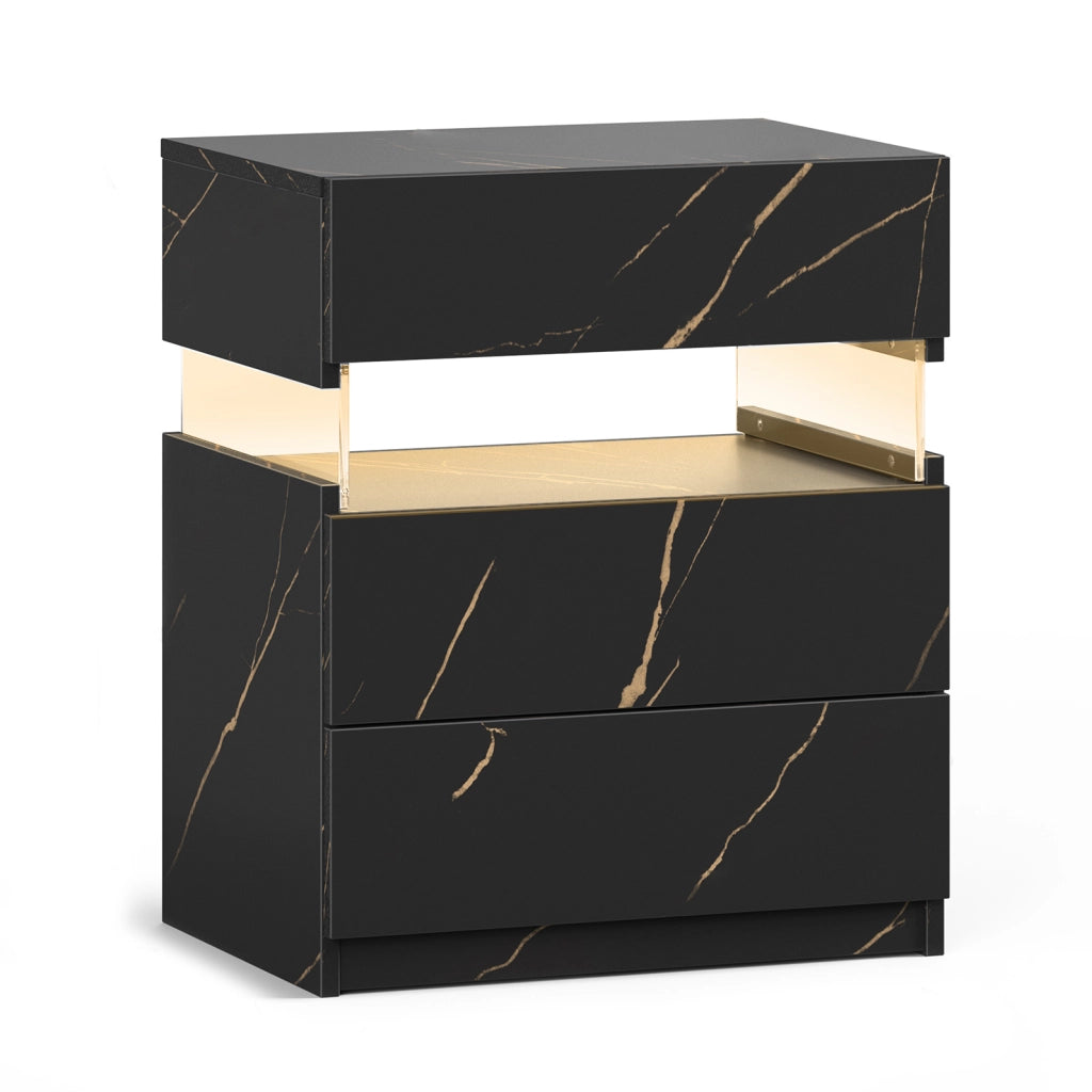 Comodino con LED RGB e 3 cassetti in legno ingegnerizzato nero e oro