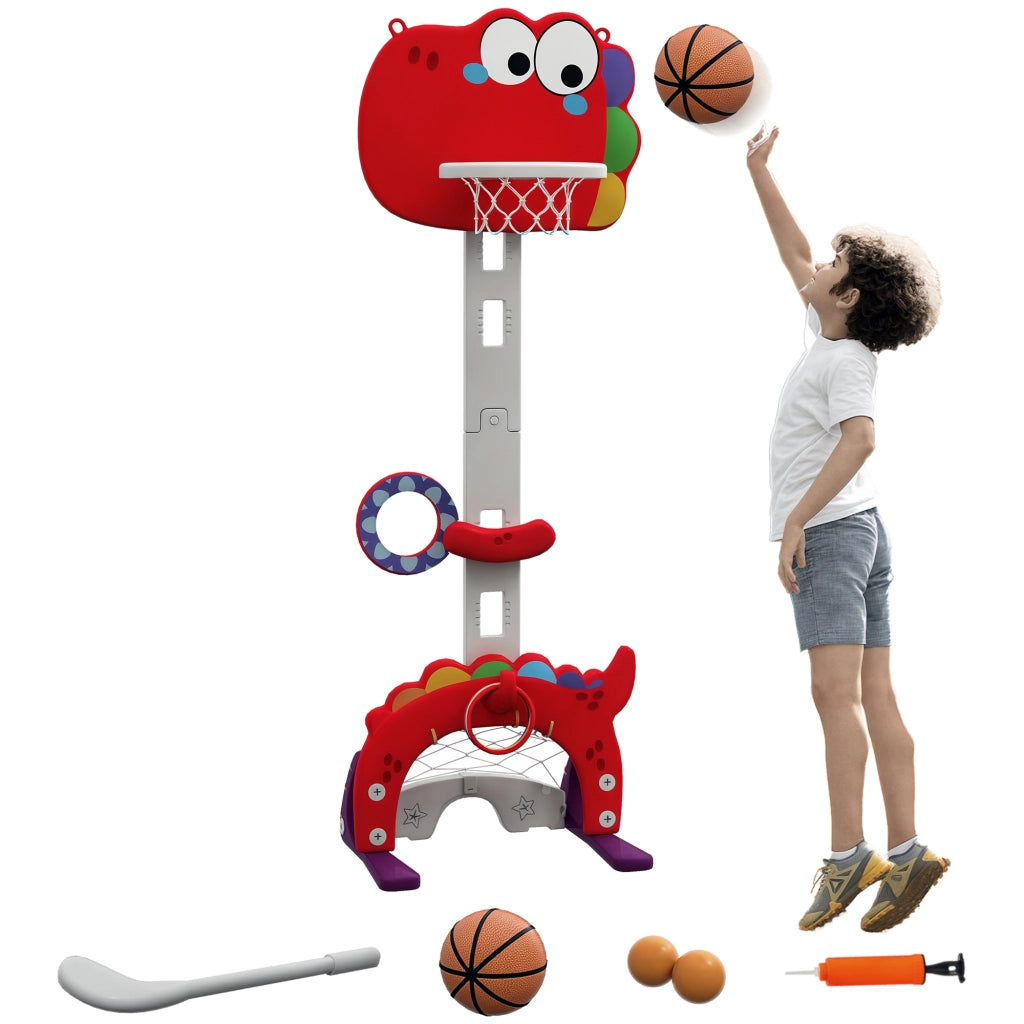 Centro Attività e Canestro Basket per Bambini 5 in 1 Regolabile con Porta da Calcio e Golf, per Casa e Giardino, Rosso, Età 3-6 Anni