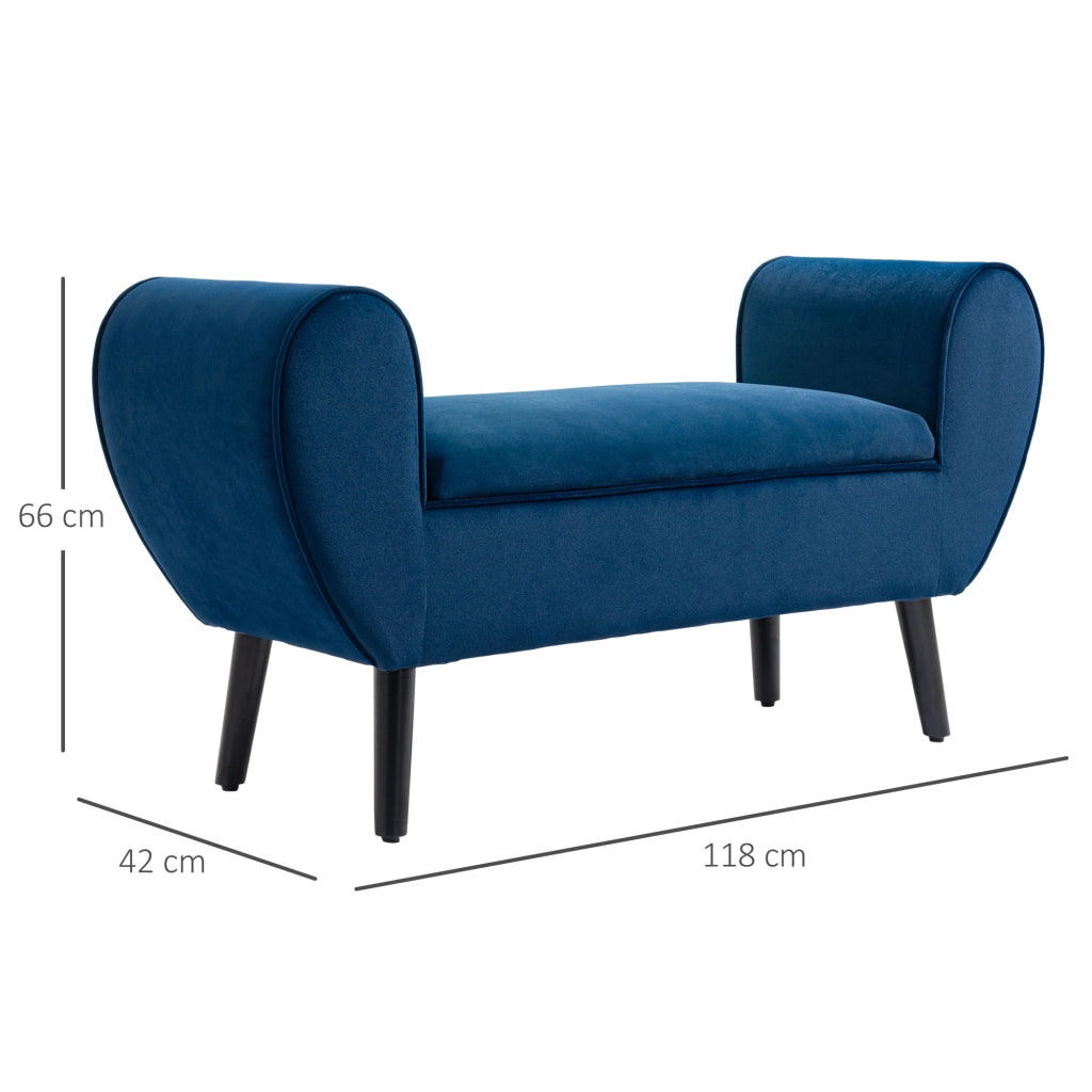 Panca Contenitore Imbottita in Tessuto Vellutato Blu con Braccioli e Gambe in Legno, 118x42x66cm, per Fondo Letto Casa