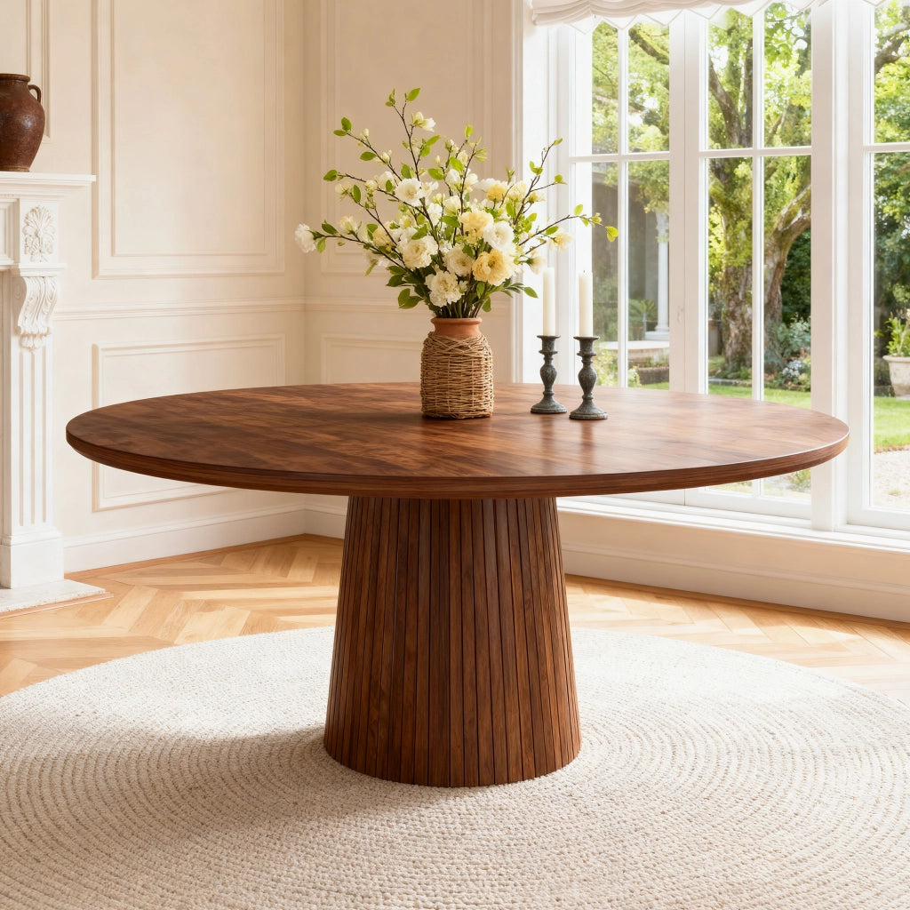 Tavolo da pranzo rotondo 110 cm in MDF impiallacciato noce con base a colonna
