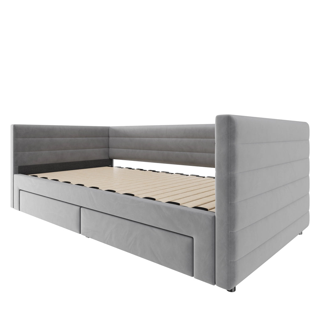 Divano letto 3 in 1 imbottito estraibile 90x190 cm in cotone e lino grigio; con cassetti