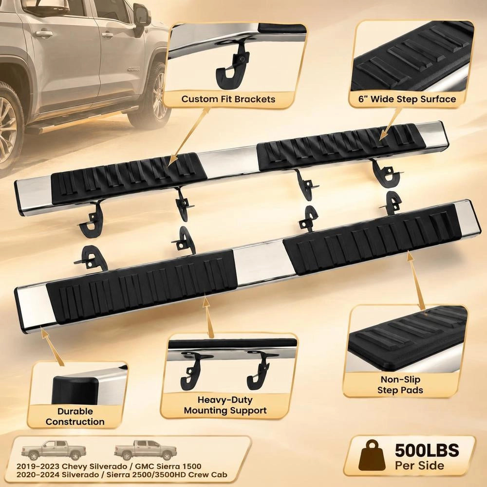 Running Boards, 6-inch Running Boards, Compatible With 2019–2023 Chevy Silverado/GMC Sierra 1500/2020–2024 Silverado/Sierra 2500/3500HD Crew Cab, 201 Stainless Steel Side Running Boards, 227 Kg, 2-piece