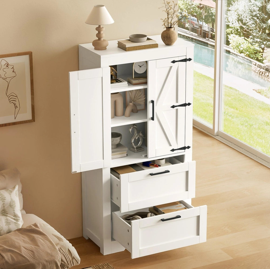 Credenza alta con 2 cassetti e ripiani regolabili in MDF bianca