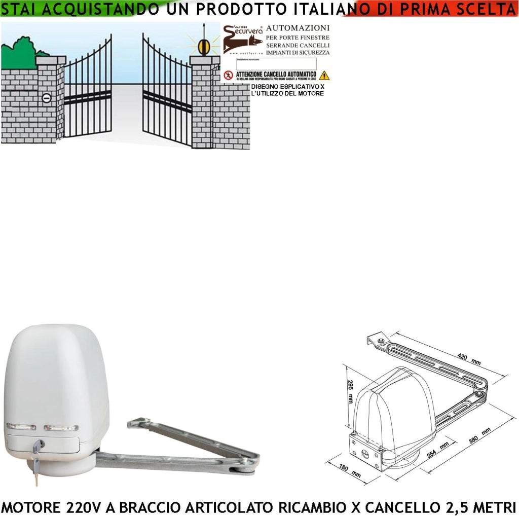 Cancello Elettrico Anta Battente da 0,5 a 2,5 Metri Motore Braccio Articolato 220 V Completo di Accessori Ricambio Universale Spinta 250 NM