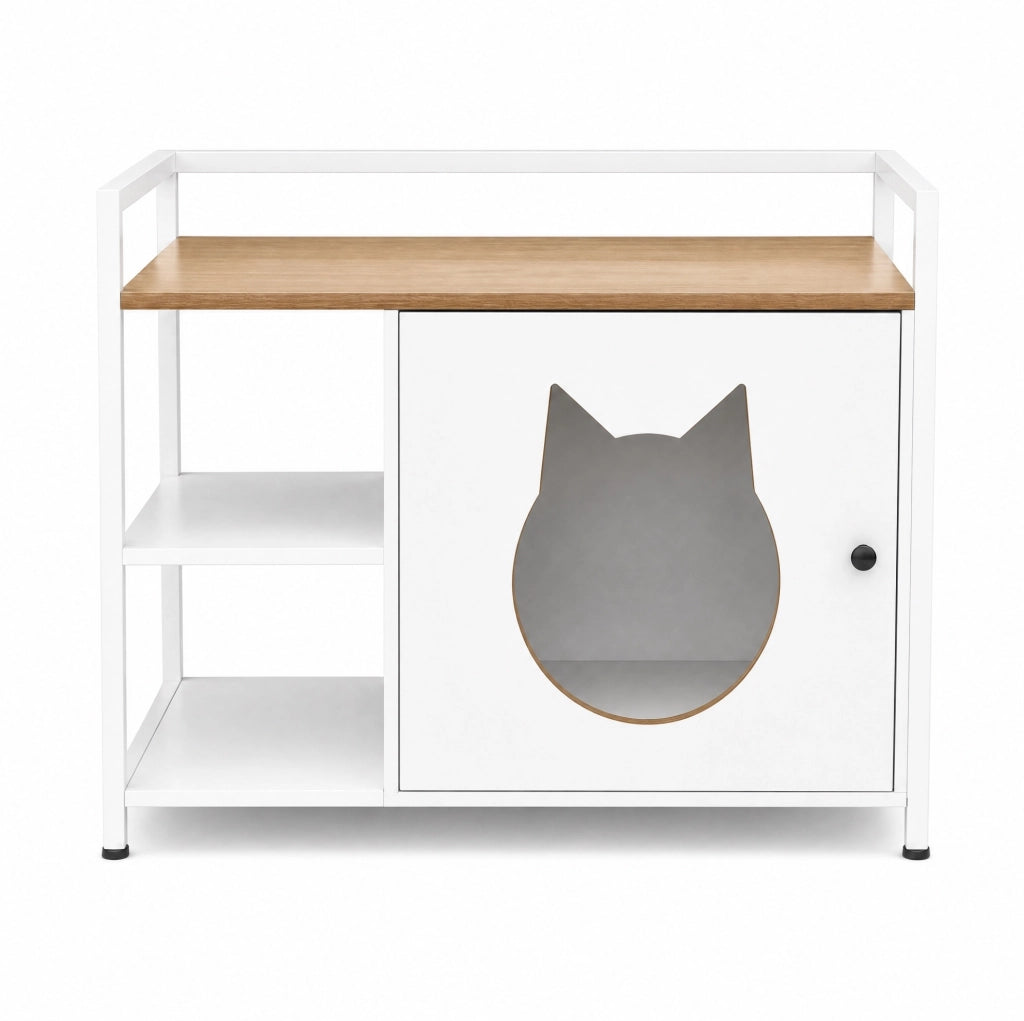Mobile per gatti con 2 ripiani aperti in MDF e metallo bianco e rovere chiaro