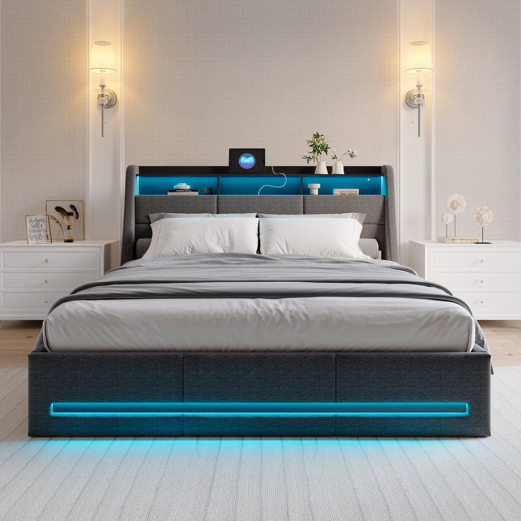 Letto contenitore 140x200 cm in lino grigio;con vano portaoggetti;luci LED/USB;rete a doghe e testiera;per ragazzi e adulti