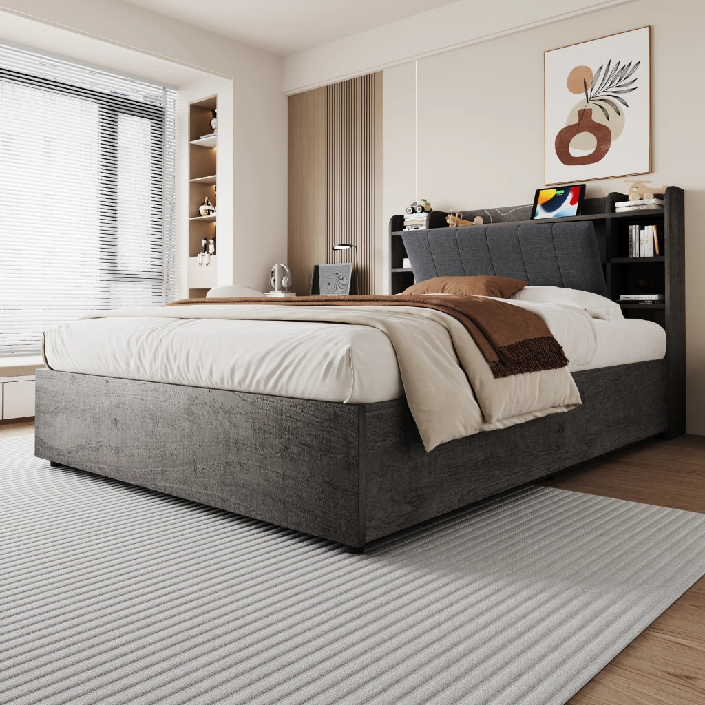 Letto multifunzionale 180 × 200 cm con vano idraulico testiera con ripiani prese USB e porta Tape-C grigio MDF