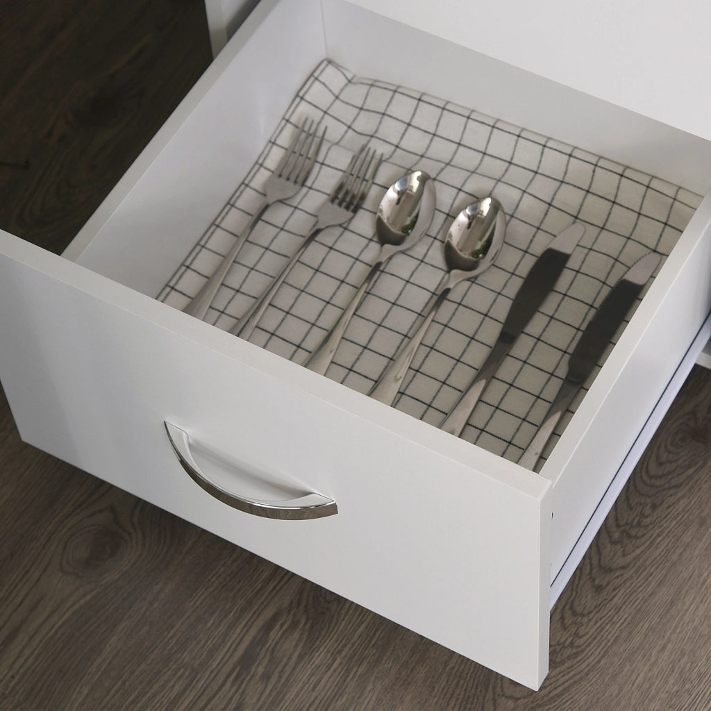 Credenza da Cucina e Soggiorno, Credenza Moderna in Legno Bianco, 2 Armadietti, Mensole Regolabili, 1 Ripiano Aperto e 3 Cassetti, 80x39.5x183.5cm