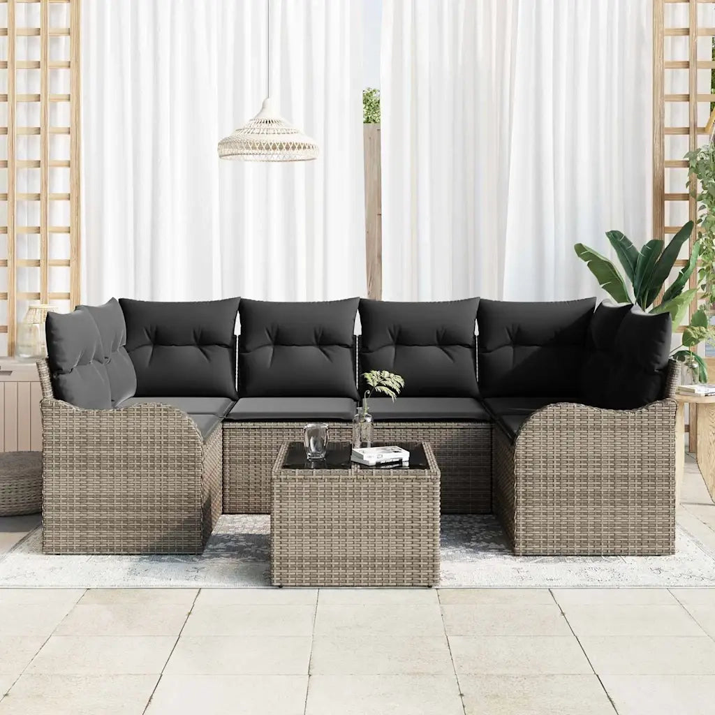 Set Divano da Giardino 7 pcs Grigio Polyrattan, Acciaio e Vetro