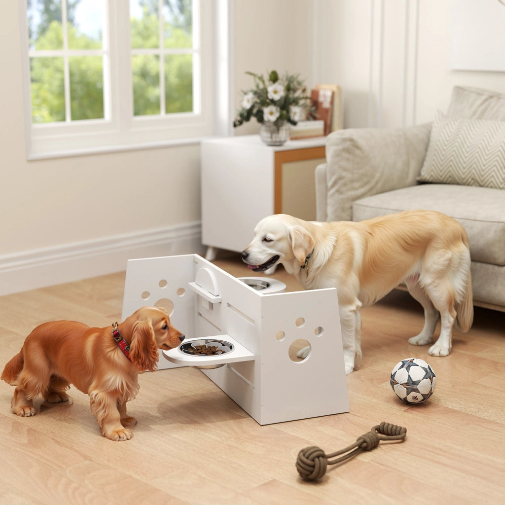 Ciotola Rialzata Doppia per Cani ¨C Xylo ¨C Altezza Regolabile con Sistema Alimentazione Lenta 63x58,5x40 cm Bianco