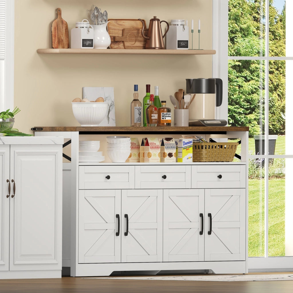 Credenza buffet 140x35x95 cm con 3 cassetti e 2 ante in MDF marrone e bianco