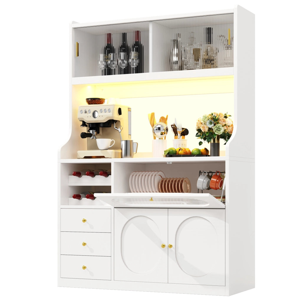 Mobile controllato armadio alto cucina 120 cm con LED RGB, porte scorrevoli in vetro, portabottiglie e ante a ribalta, 3 cassetti, bianco/nero