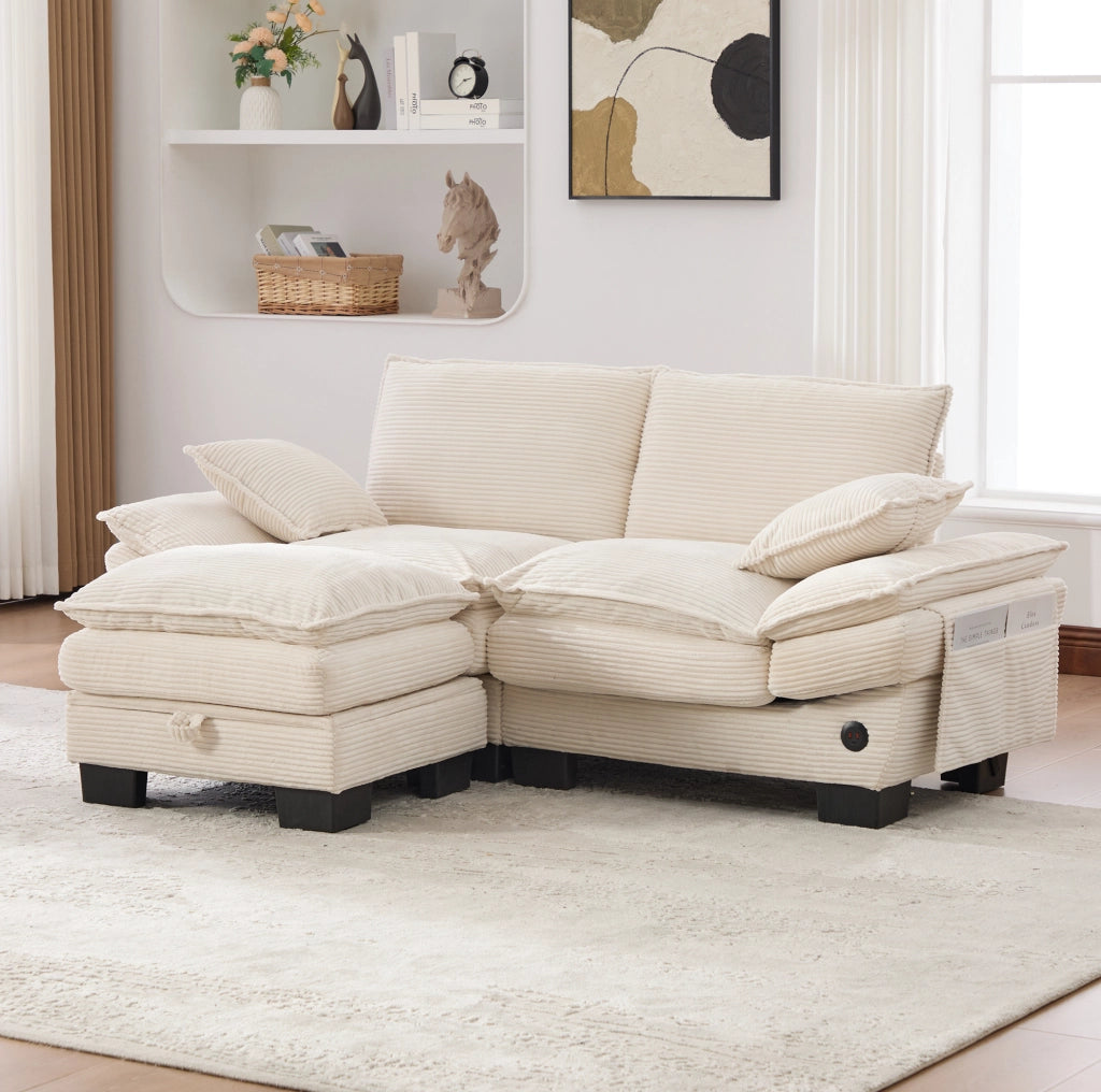 Divano 2 posti con pouf contenitore e USB-C; velluto a coste beige; 190x132x84 cm