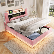 Letto imbottito 160x200 cm con LED, USB e contenitore idraulico in velluto rosa