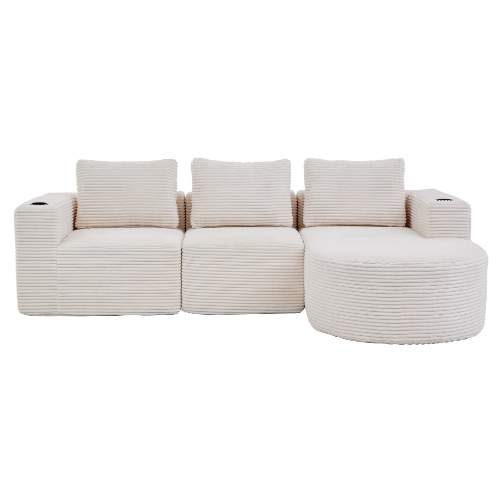Divano 2 posti beige in velluto a coste 265 cm con portabicchieri e cuscini