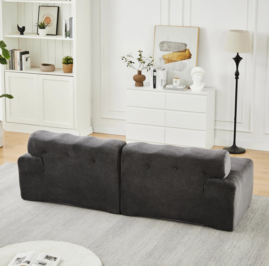Divano Cloud a due posti in tessuto chenille grigio con braccioli larghi e cuscini imbottiti, 224x104x66 cm