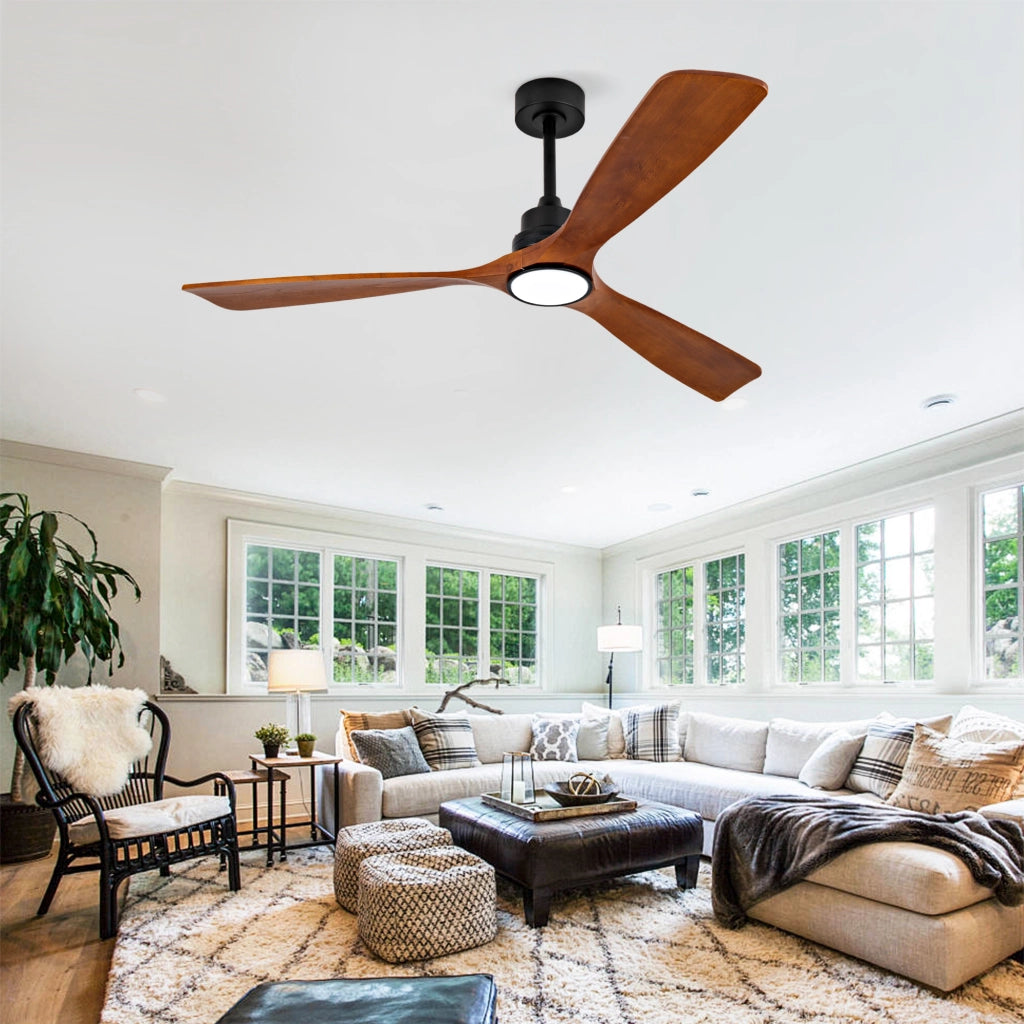 Ventilatore da soffitto con luce LED e telecomando; metallo e legno noce e nero