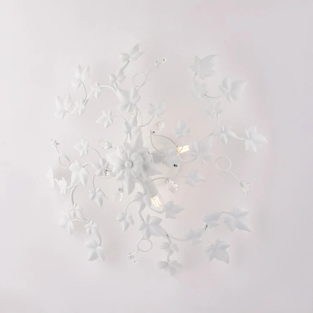 Plafoniera Shabby Edera 4 Luci Ferro Battuto Bianco Con Foglie E Cristalli