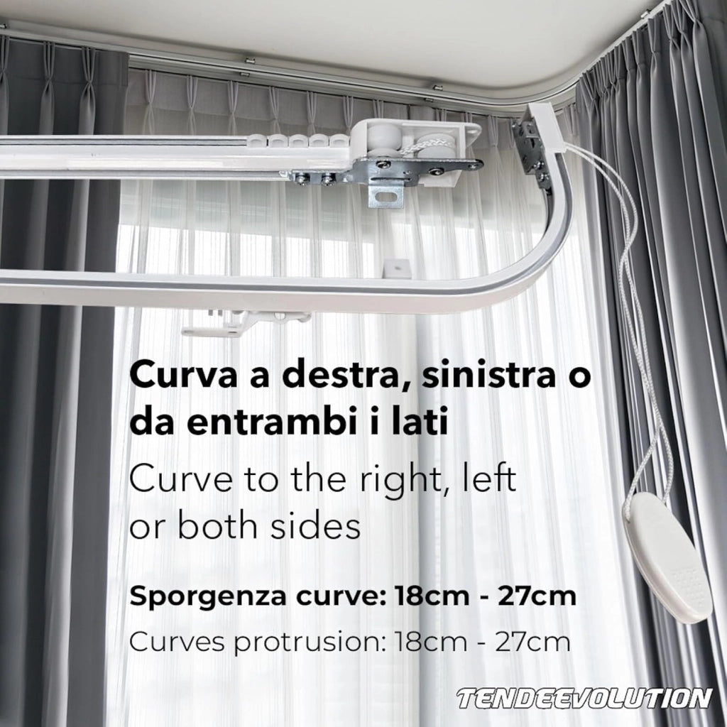 Binario Scorritenda da Soffitto in Alluminio Bianco, Curve Sporgenti 22cm, Movimento a Corda, Apertura Sinistra CM lunghezza 350cm