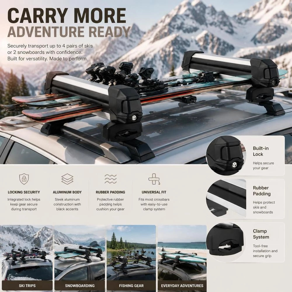 Skiboard/snowboard Roof Rack For Up To 4 Pairs Of Skis / 2 Snowboards, 2 X Lockable Ski Roof Racks With Rubber Padding, Ski Holder Carrier For Most Crossbars (465 Mm Loading Width)