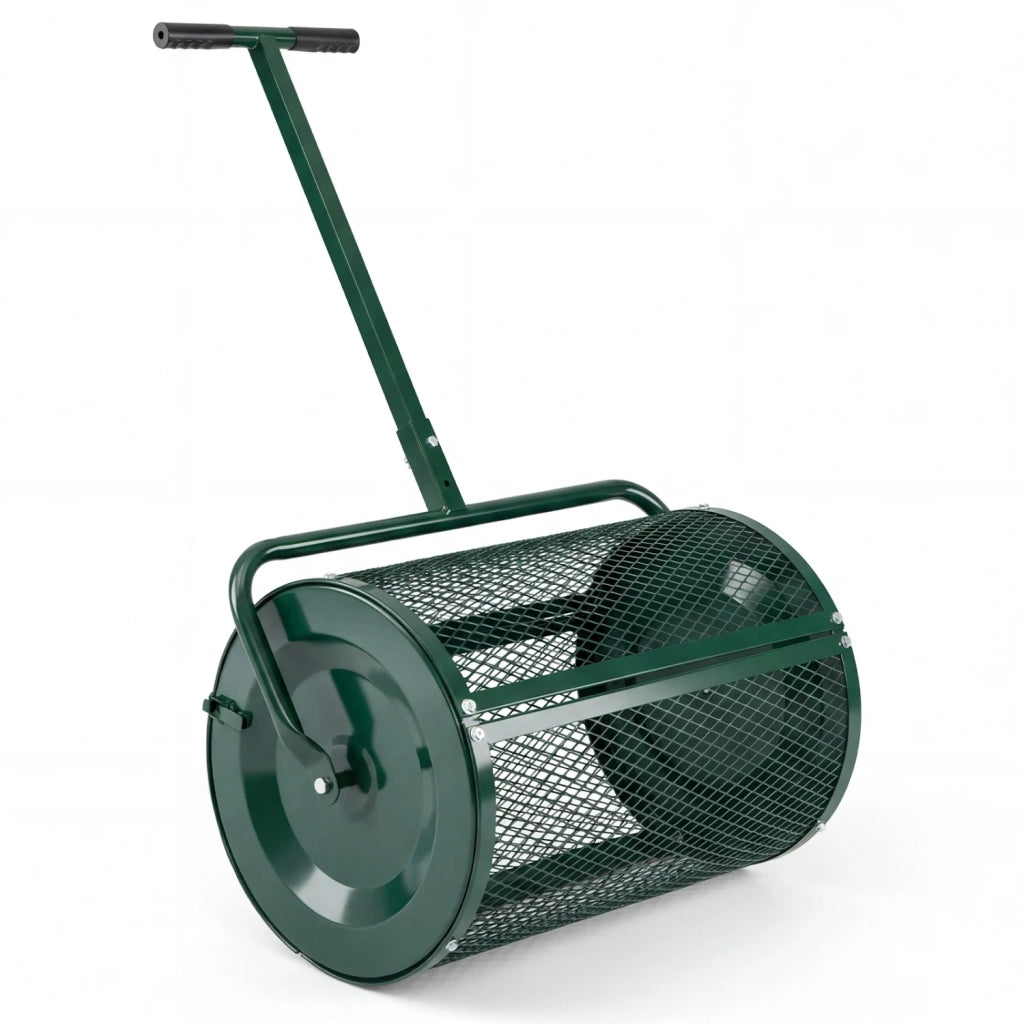 Spandiconcime a Rullo 24 Pollici per Compost e Torba in Metallo Verde con Manico a T Regolabile per Giardino