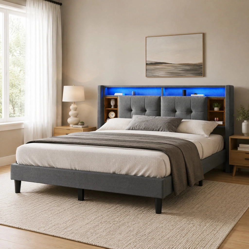 Letto matrimoniale 160x200 cm grigio con testiera contenitore, LED, USB e prese
