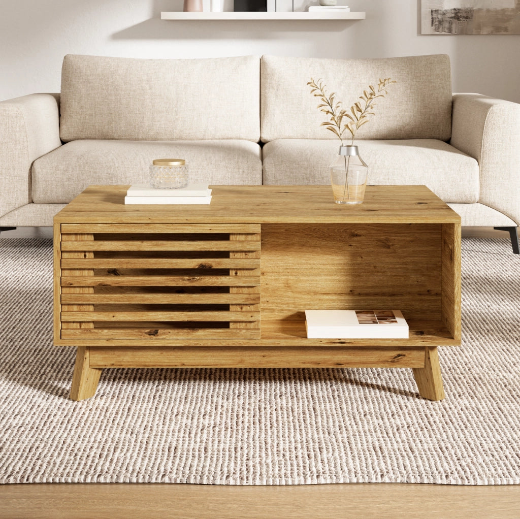 Tavolino da salotto multifunzione 90x55 cm con piano sollevabile e anta scorrevole effetto legno HOMVRA