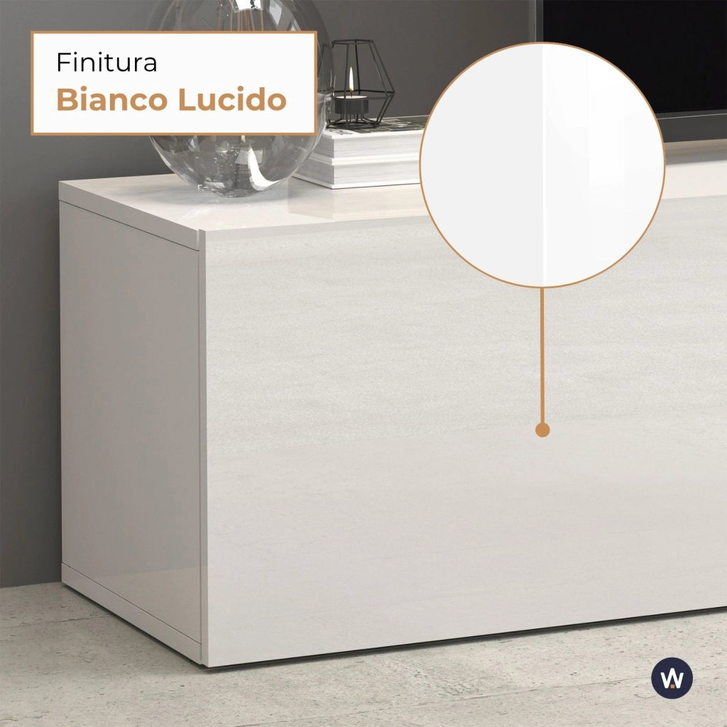 WHOUS Mobile porta tv Egypt a 2 ante e 2 ripiani in vetro bianco lucido 240x38x35 cm