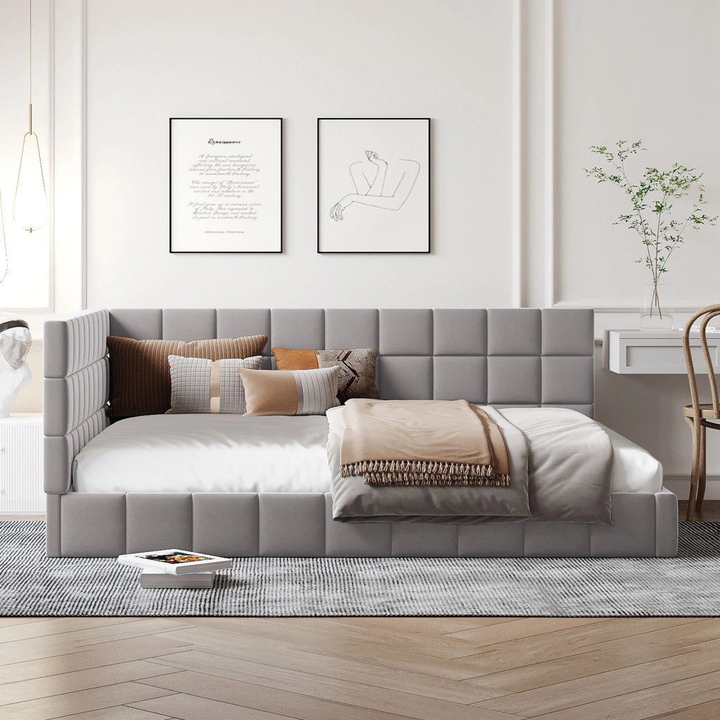 Divano letto 140x200, letto imbottito in velluto grigio con schienale e braccioli
