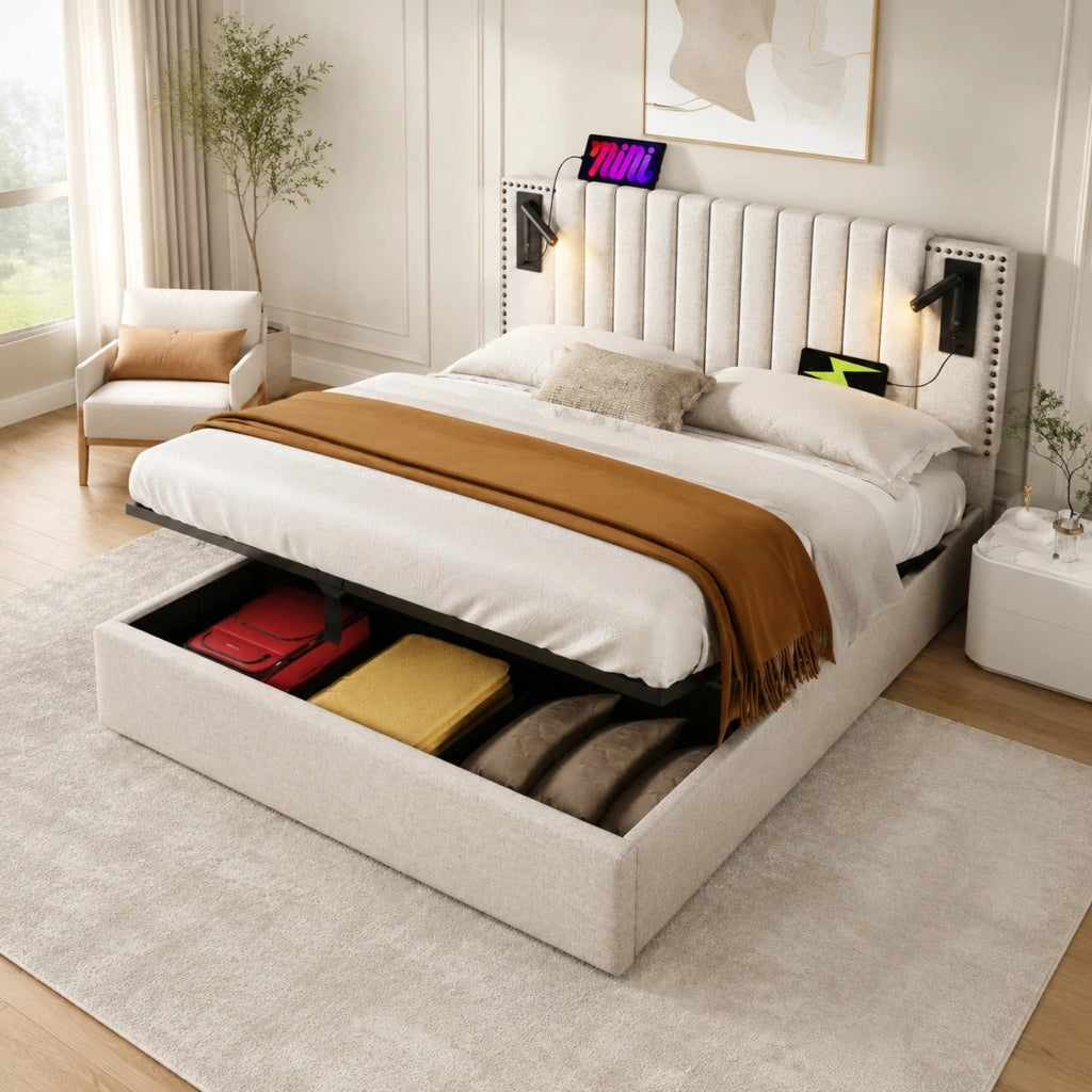 Letto contenitore 160 × 200 cm con luce da lettura; USB e USB-C; cotone beige