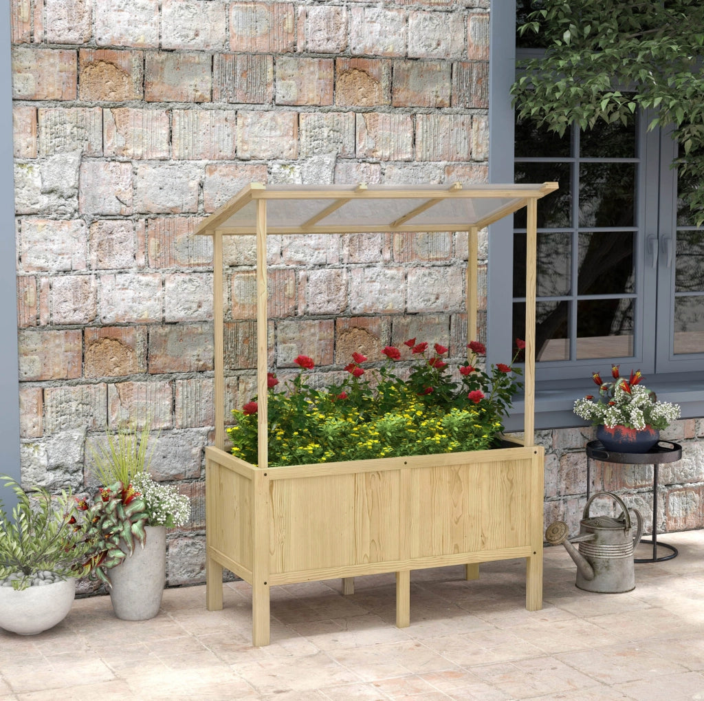 Orto rialzato ULEVR 110x60x152/140 cm in legno di abete con tetto in policarbonato e rivestimento interno