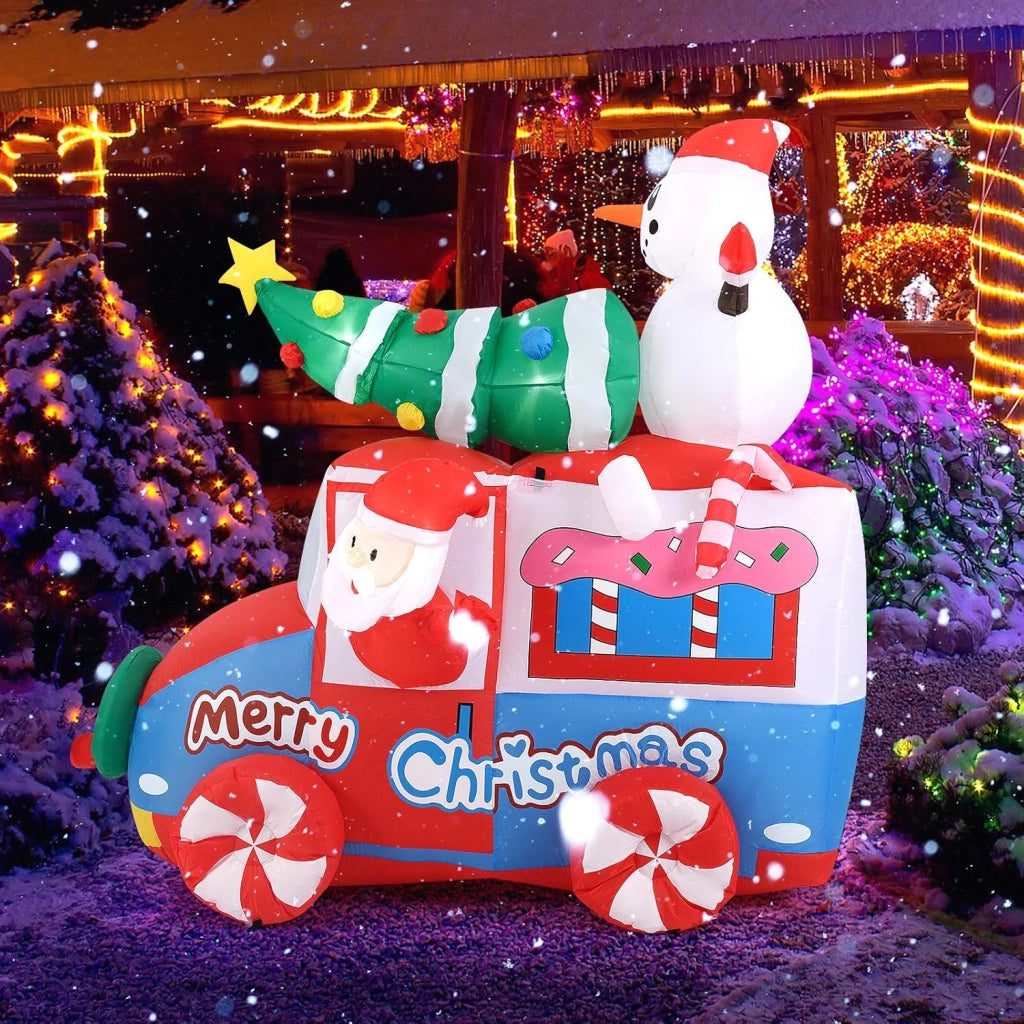 Babbo Natale Gonfiabile con Auto 177 cm, Decorazione Gonfiabile Natalizia con Babbo Natale, Pupazzo di Neve e Albero di Natale, 5 Luci LED Interne e Ventola Integrata