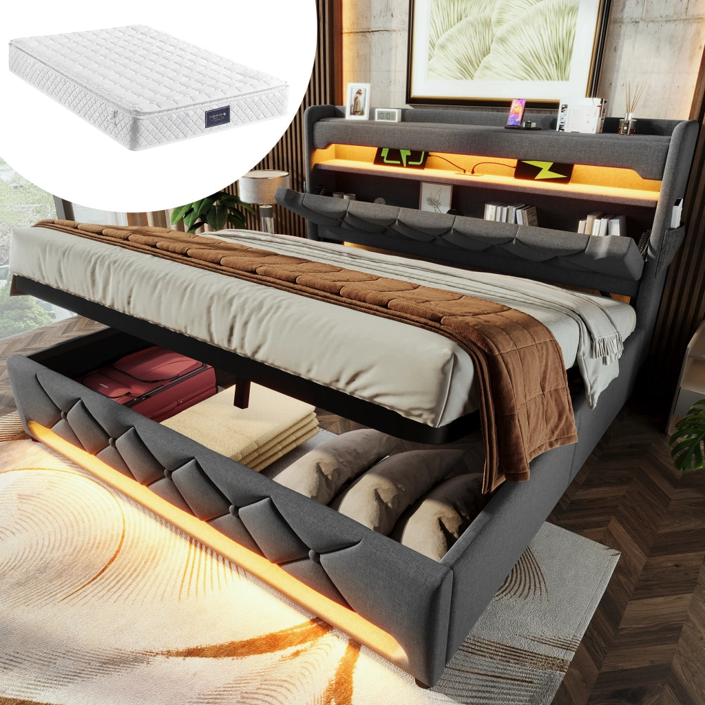 Letto matrimoniale imbottito 140x200 cm con contenitore e LED