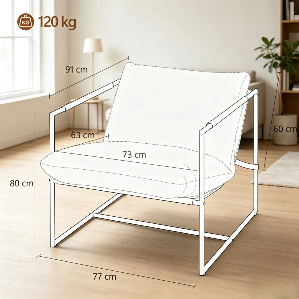 Poltrona da salotto in tessuto bouclette crema con struttura in acciaio al carbonio e seduta imbottita 80 × 77 × 91 cm