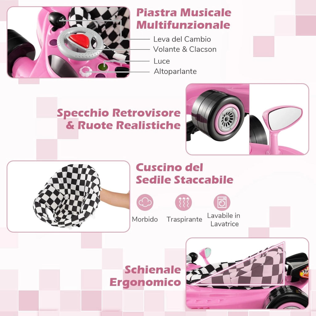 4 in 1 Girello per Bambini, Primi Bassi per Neonati con Altezza Regolabile, Girello Pieghevole con Vassoio Rimovibile, Musica e Luci, per Bambini 6+ Mesi (Rosa)